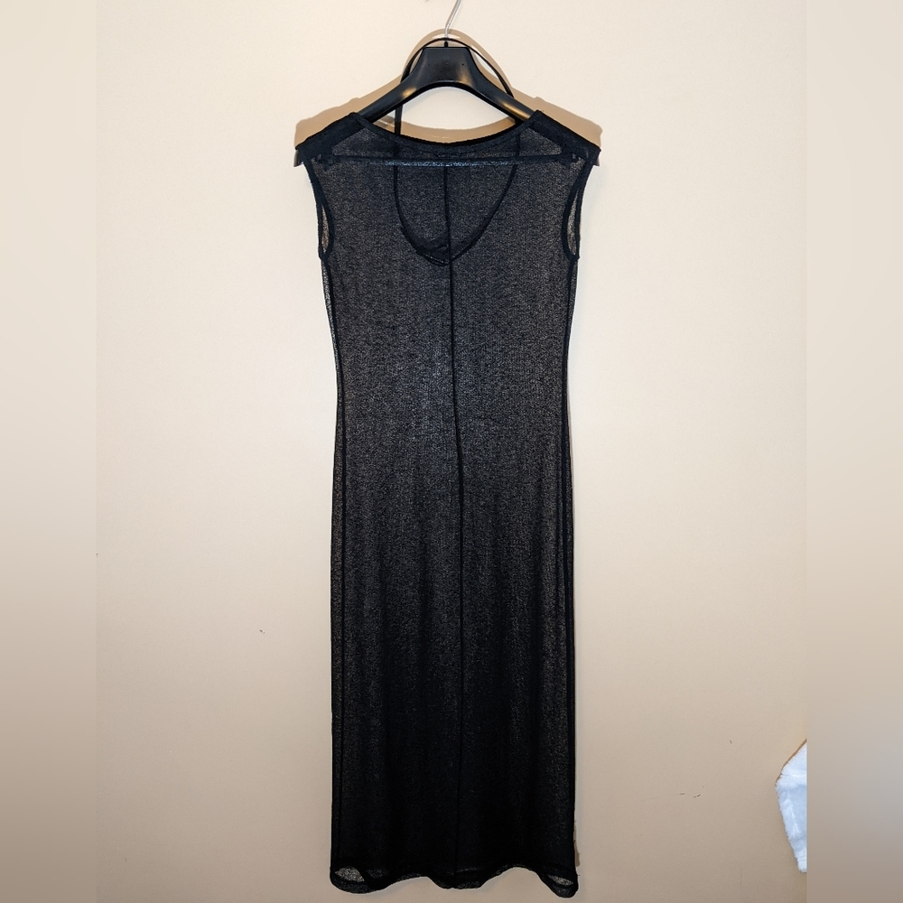 ABS Allen Schwartz| Black Sheer Mesh Maxi Evening Dress With Striped Belt